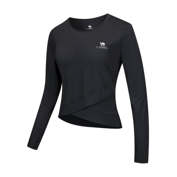 CAMEL Women's Long Sleeve Workout Tops Athletic Compression T-Shirts Cross Hem Gym Yoga Shirt Thumb Hole Black M