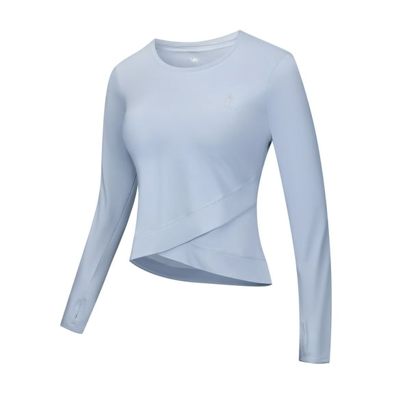 CAMEL Women's Long Sleeve Workout Tops Athletic Compression T-Shirts Cross Hem Gym Yoga Shirt Thumb Hole Blue 2XL