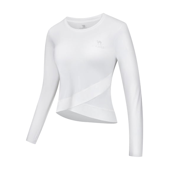 CAMEL Women's Long Sleeve Workout Tops Athletic Compression T-Shirts Cross Hem Gym Yoga Shirt Thumb Hole White 2XL
