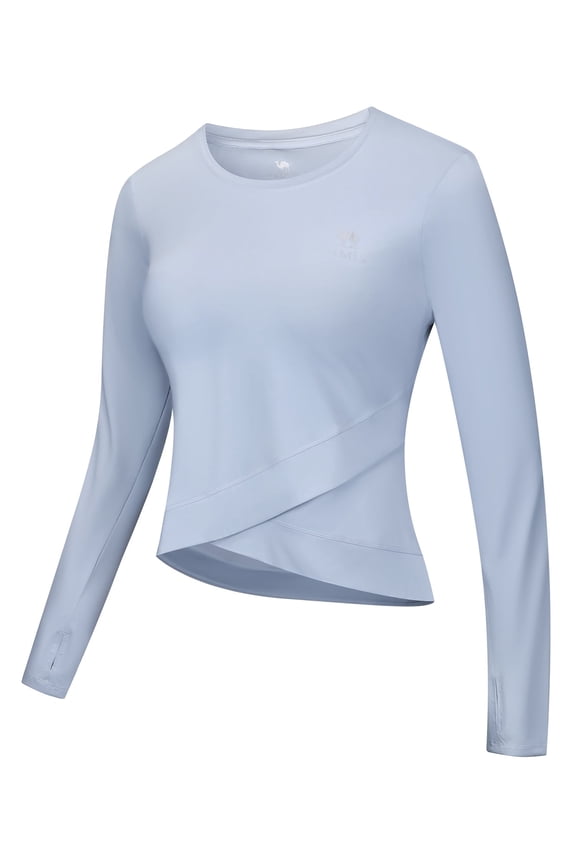 Women's Long Sleeve Athletic Tops, Crew Neck Workout Shirts, Blue Size M