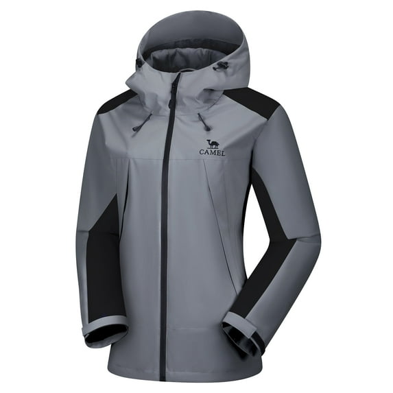 CAMEL Women's Lightweight Raincoat Hooded Jacket Windbreaker Casual Coat, Black Gray