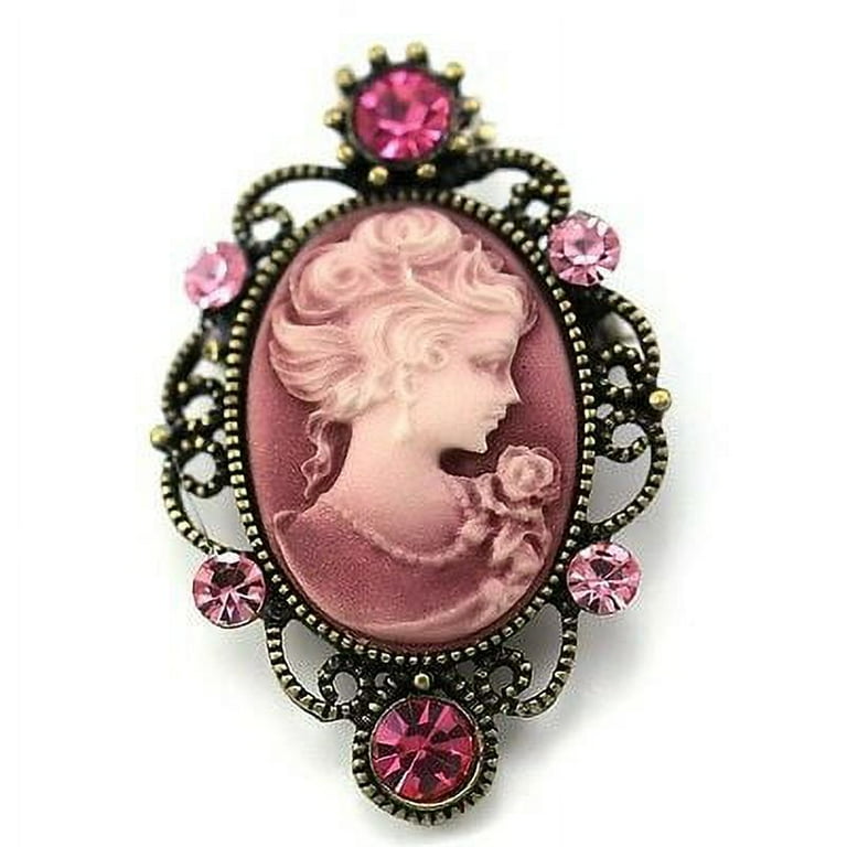 CAMEO Brooch Pin Pendant Antique Gold Tone Pink Stones