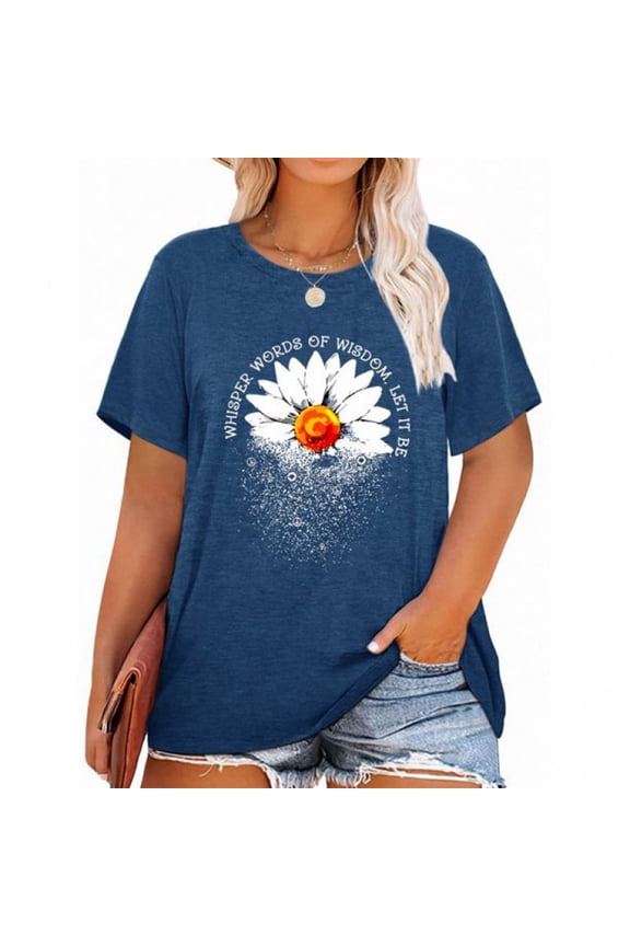 Flower Short Sleeve Round Neckline Tshirts Shirts for Women, Size XL-4XL, Big&Tall, Blue, Women Casual Top Shirt Short Sleeve Printed T Shirt Round Neck Loose Soft Top