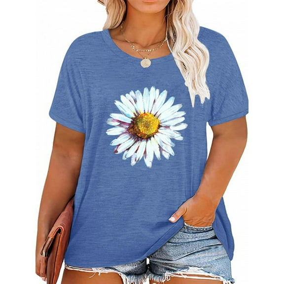 CAMERIARI Flower Short Sleeve Round Neckline Tshirts Shirts for Women, Size XL-4XL, Big&Tall, Blue, Women Casual Top Shirt Short Sleeve Printed T Shirt Round Neck Loose Soft Top