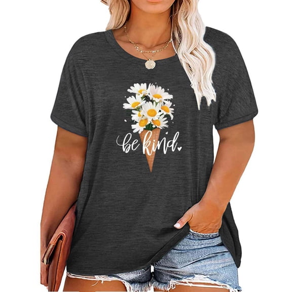 CAMERIARI Flower Short Sleeve Round Neckline Tshirts Shirts for Women, Size XL-4XL, Big&Tall, Gray, Women Casual Top Shirt Short Sleeve Printed T Shirt Round Neck Loose Soft Top