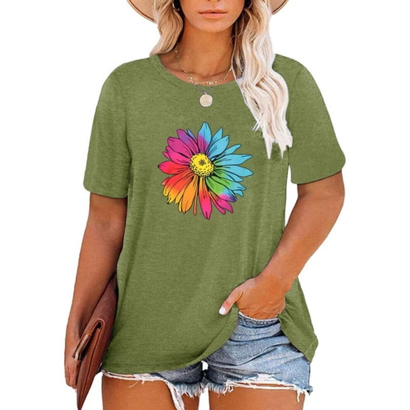 CAMERIARI Flower Short Sleeve Round Neckline Tshirts Shirts for Women, Size XL-4XL, Big&Tall, Green, Women Casual Top Shirt Short Sleeve Printed T Shirt Round Neck Loose Soft Top