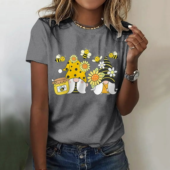 CAMERIARI Printed Bee Short Sleeve Crew Neck Tshirts Shirts for Women, Size S-2XL, Gray, Women's Classic Version Type Cotton Short Sleeve Crewneck T Shirt Fun Printed Bee Festival
