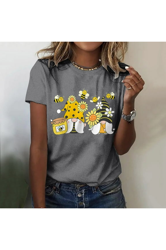 Printed Bee Short Sleeve Crew Neck Tshirts Shirts for Women, Size S-2XL, Gray, Women's Classic Version Type Cotton Short Sleeve Crewneck T Shirt Fun Printed Bee Festival