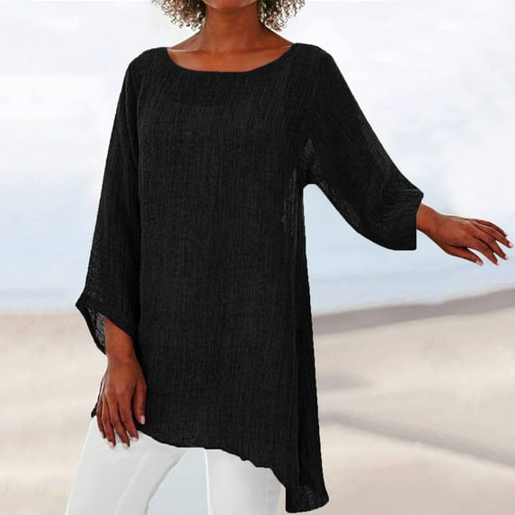 CAMERIARI Solid Color Long Sleeve Crew Neck Tshirts Shirts for Women, Size S-3XL, Big&Tall, Black, Women Plus Size Long Sleeve Irregular Hem Baggy Blouse Shirt Ladies Summer Tunic Tops