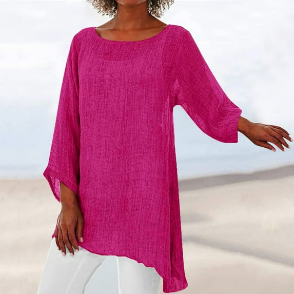 CAMERIARI Solid Color Long Sleeve Crew Neck Tshirts Shirts for Women, Size S-3XL, Big&Tall, Pink, Women Plus Size Long Sleeve Irregular Hem Baggy Blouse Shirt Ladies Summer Tunic Tops