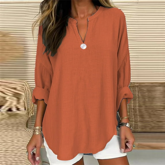 CAMERIARI Solid Color Long Sleeve V-Neck Tshirts Shirts for Women, Size XL-5XL, Big&Tall, Orange, Women's Long Sleeve Solid Color Button V Neck Cotton and Linen Shirt Loose T Shirt