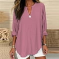 thumbnail image 1 of CAMERIARI Solid Color Long Sleeve V-Neck Tshirts Shirts for Women, Size XL-5XL, Big&Tall, Pink, Women's Long Sleeve Solid Color Button V Neck Cotton and Linen Shirt Loose T Shirt, 1 of 3