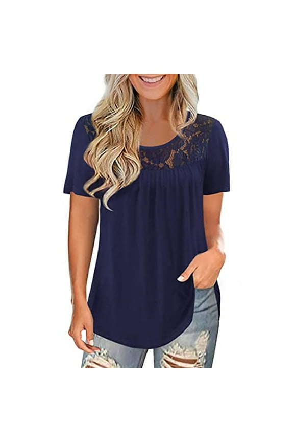 Splicing Short Sleeve Round Neckline Tshirts Shirts for Women, Size S-5XL, Big&Tall, Blue, Women Fashion Lace Solid Splicing O-Neck Short Sleeve T-Shirt Blouse Tops