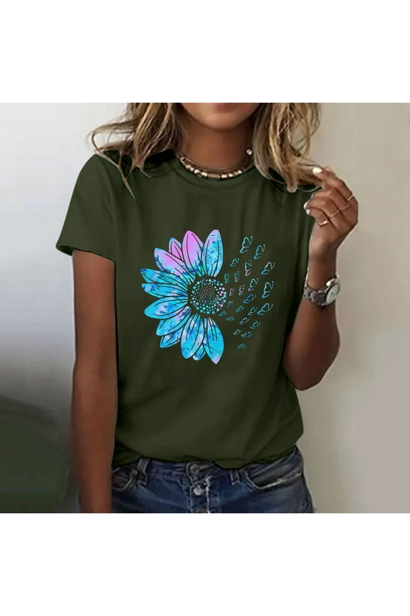 Sunflower Short Sleeve Crew Neck Tshirts Shirts for Women, Size S-3XL, Big&Tall, Green, Women's Sunflower Summer T Shirt Plus Size Loose Top Tops Girls Short Sleeve Graphic Casual T Shirt