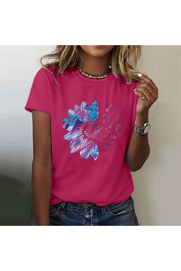 Sunflower Short Sleeve Crew Neck Tshirts Shirts for Women, Size S-3XL, Big&Tall, Pink, Women's Sunflower Summer T Shirt Plus Size Loose Top Tops Girls Short Sleeve Graphic Casual T Shirt