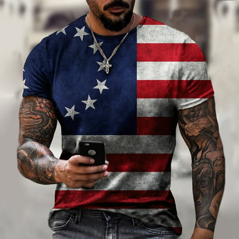 CAMERIARIO Independence Day Men's The US Flag Short Sleeve Loose T