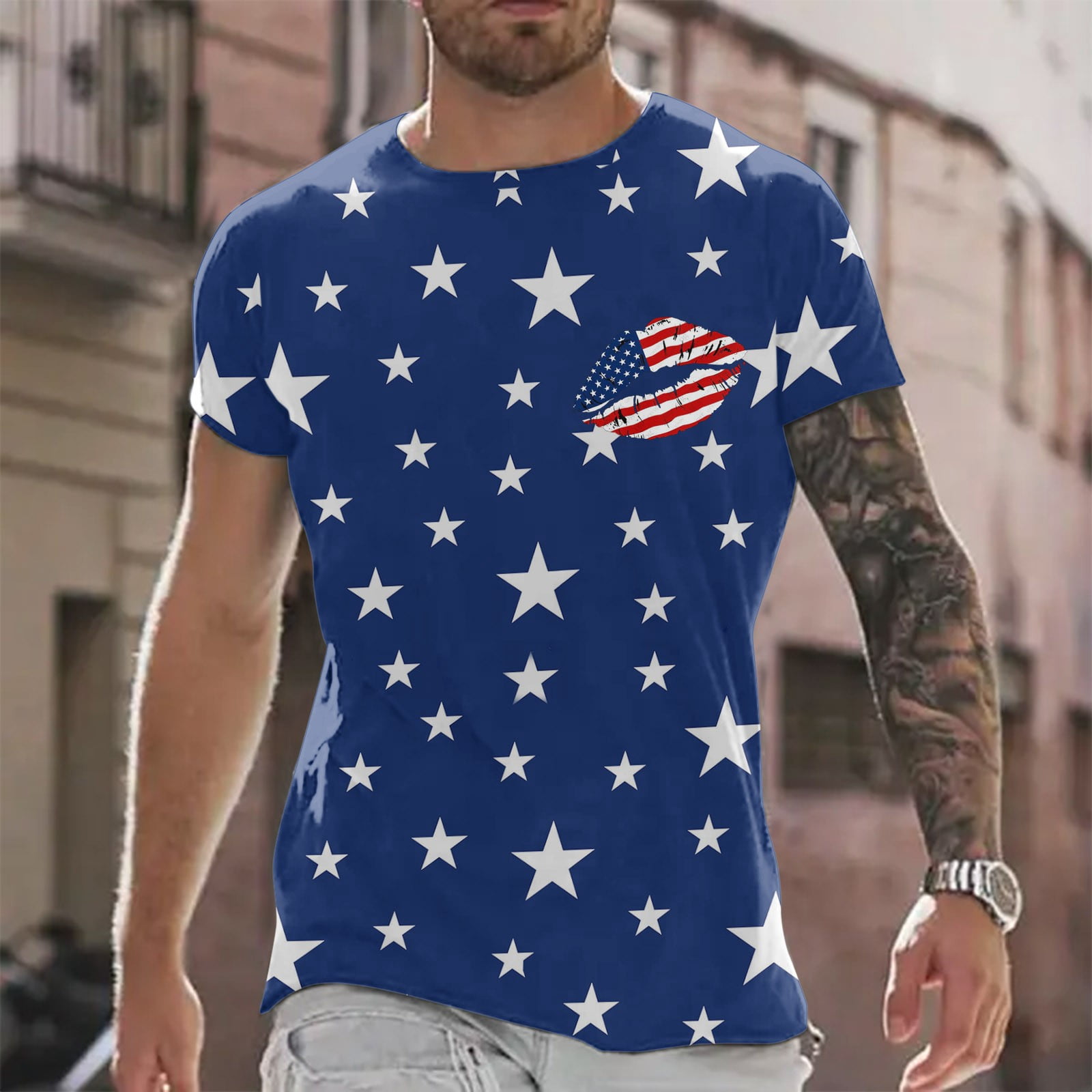 CAMERIARIO Independence Day Men's The US Flag Short Sleeve Loose T