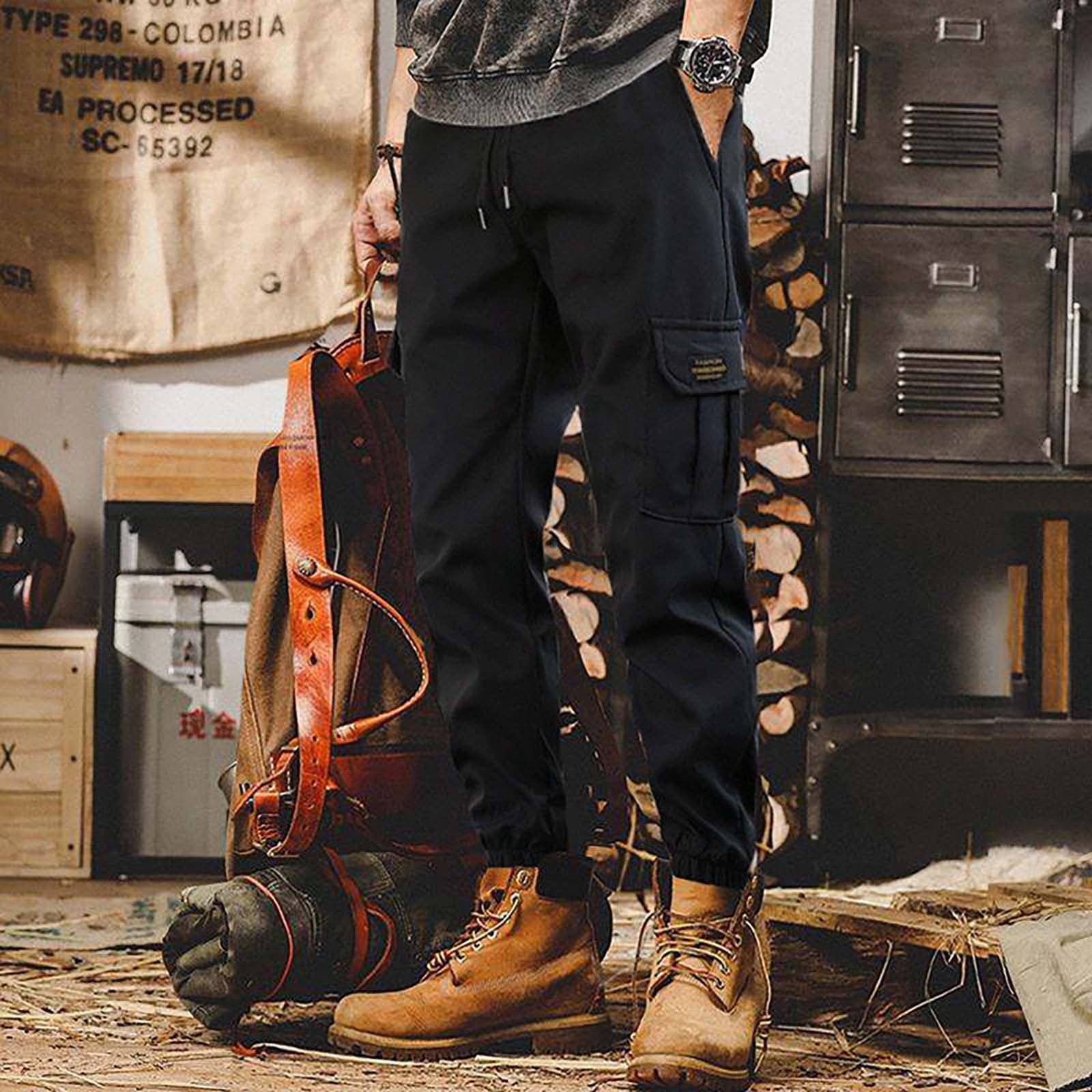 CAMERIARIO Men's Solid Color Loose Cargo Pants, Size L-5XL