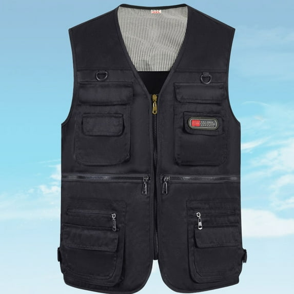 CAMERIARIO Men's Vest, Sleeveless, Solid Color, Outdoor Work, Men's Casual Outdoor Work Fishing Travel Photo Cargo Vest Jacket Multi Pockets Black