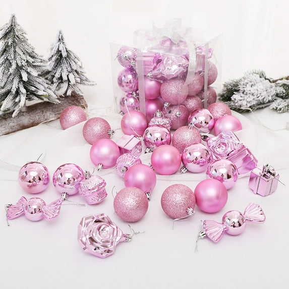 CAMIALA Christmas Ball Ornaments Pink,Mini 28Pcs Shiny Shatterproof Christmas Ball Ornaments Bulk,Hanging Decor for Xmas Holiday Party