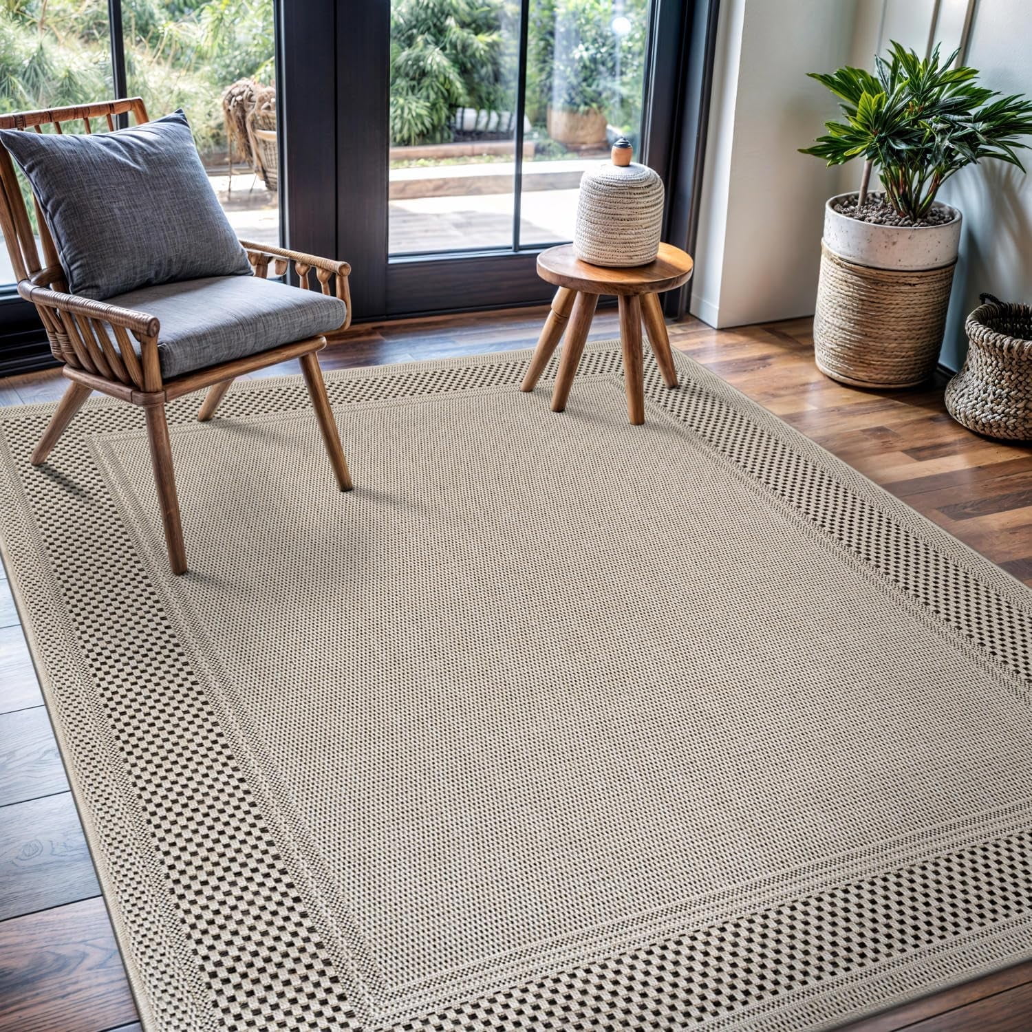 CAMILSON Bordered Non Shedding Easy-Cleaning Indoor Outdoor Easy Jute Rug Bone 5x7