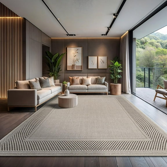 CAMILSON Bordered Non Shedding Easy-Cleaning Indoor Outdoor Easy Jute Rug Bone 9x12