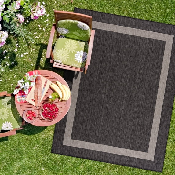 CAMILSON Bordered Washable Indoor Outdoor Area Rug Dark Grey 10 x 14