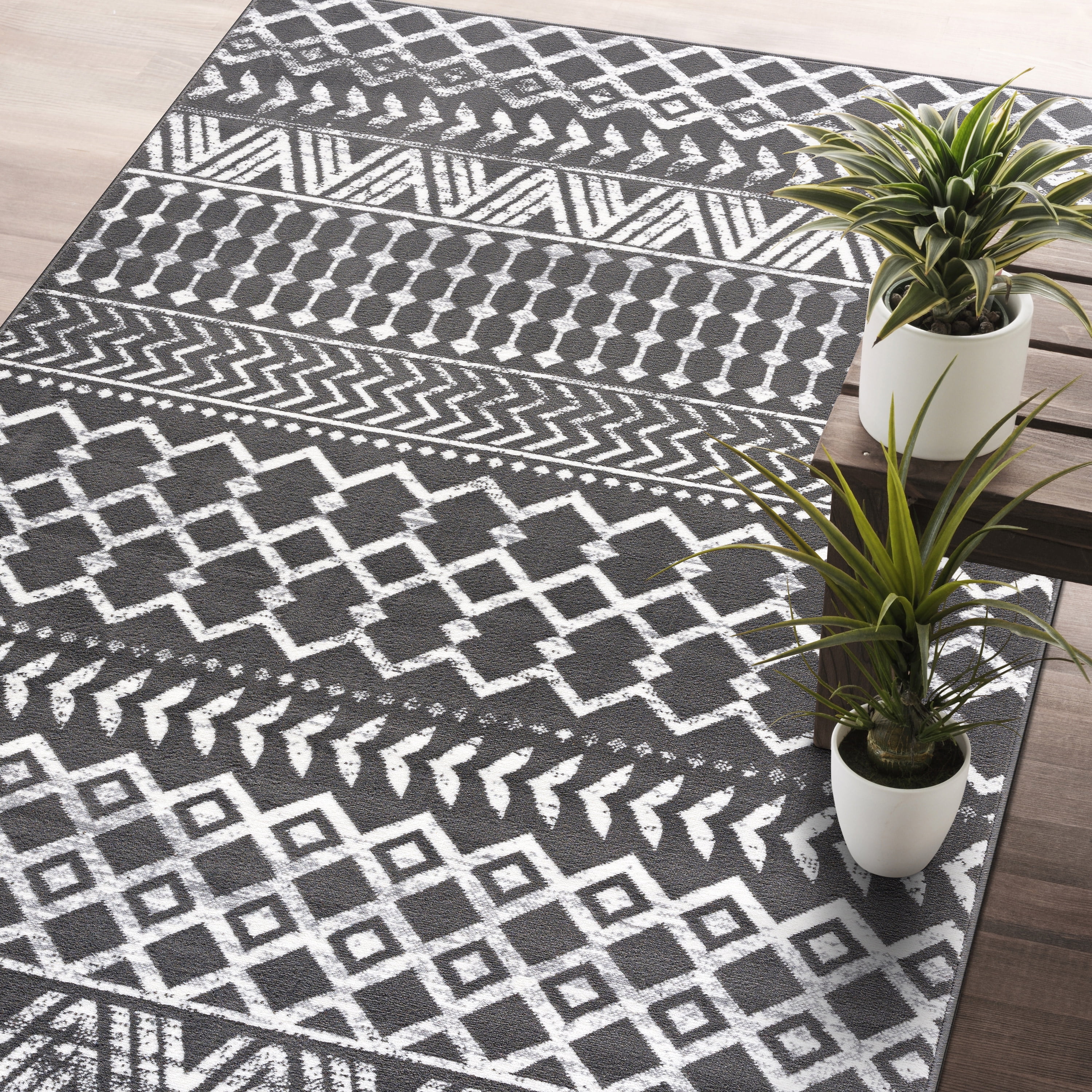 CAMILSON Crystal Dark Grey Area Rug 3'x5' Boho for Living Room Bedroom Dining Room Dark Grey / Cream Indoor Area Rugs