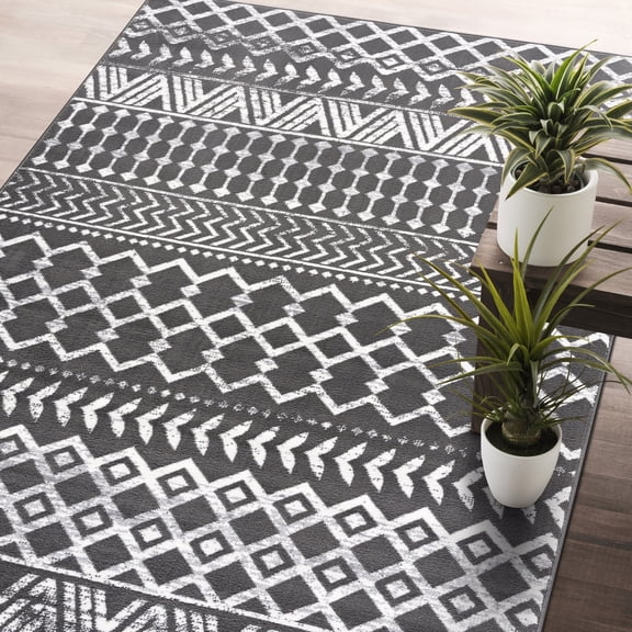 CAMILSON Crystal Dark Grey Area Rug 3'x5' Boho for Living Room Bedroom Dining Room Dark Grey / Cream Indoor Area Rugs