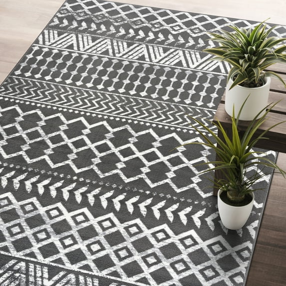 CAMILSON Crystal Dark Grey Area Rug 6'7"x9' Boho for Living Room Bedroom Dining Room Dark Grey / Cream Indoor Area Rugs