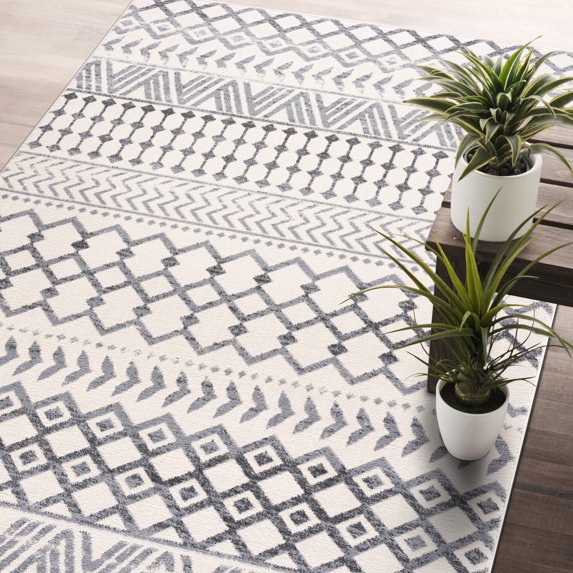 CAMILSON Crystal Grey Area Rug 5'x7' Boho for Living Room Bedroom Dining Room Grey / Cream Indoor Area Rugs