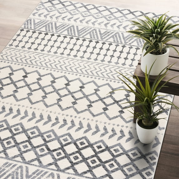 CAMILSON Crystal Grey Area Rug 5'x7' Oval Boho for Living Room Bedroom Dining Room Grey / Cream Indoor Area Rugs
