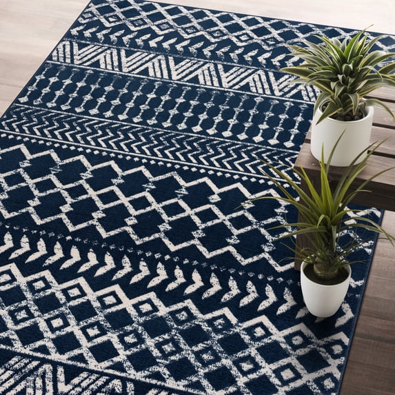 CAMILSON Crystal Navy Blue Area Rug 2'x3' Boho for Living Room Bedroom Dining Room Navy Blue / Cream Indoor Area Rugs