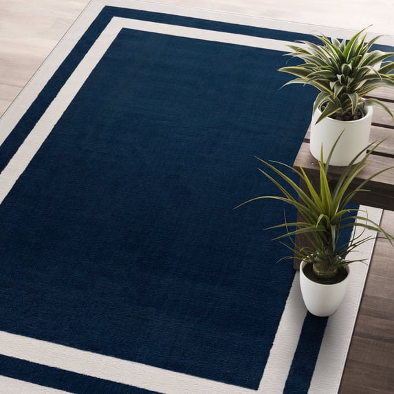 CAMILSON Crystal Navy Blue Area Rug, 5'3" x 7' Bordered, for Living Room, Bedroom, Dining Room Navy Blue / Cream Indoor Area Rugs