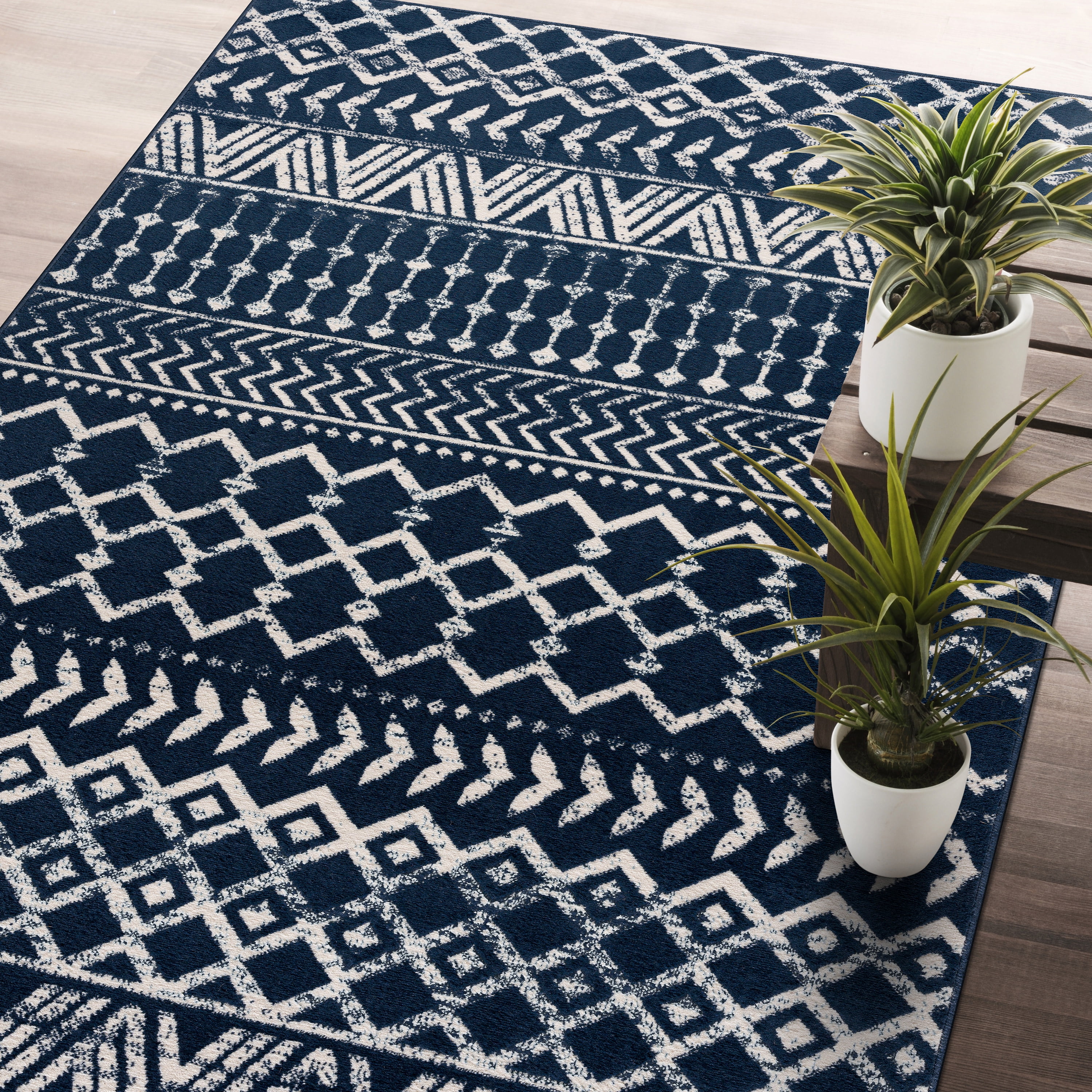 CAMILSON Crystal Navy Blue Area Rug 5'x7' Oval Boho for Living Room Bedroom Dining Room Navy Blue / Cream Indoor Area Rugs