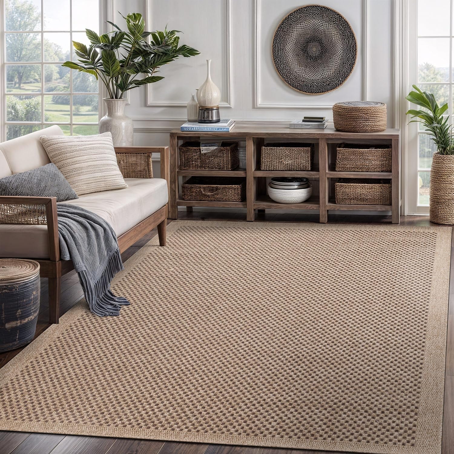 CAMILSON Easy Jute Rug Indoor Outdoor Farmhouse Area Rugs Checkered-Natural 6x9