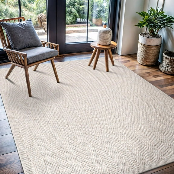 CAMILSON Herringbone Non Shedding Easy-Cleaning Indoor Outdoor Easy Jute Rug Bone 8x10