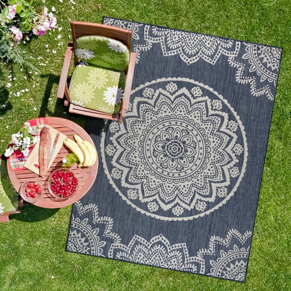 CAMILSON Indoor Outdoor Rug, 10' x 14' Blue Medallion Area Rugs