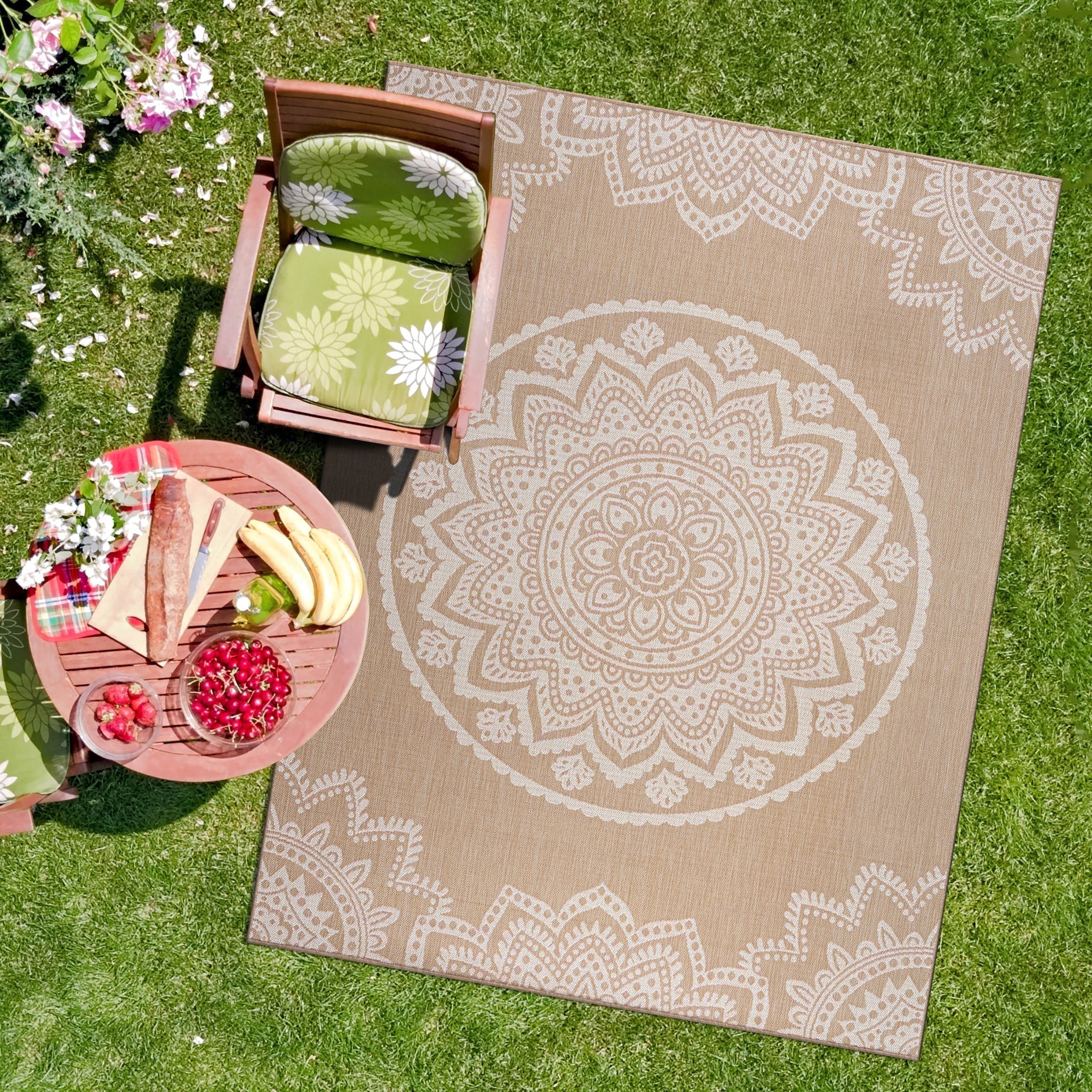 CAMILSON Indoor Outdoor Rug, 9' x 12' Beige Medallion Area Rugs