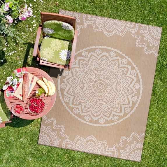 CAMILSON Indoor Outdoor Rug, 9' x 12' Beige Medallion Area Rugs