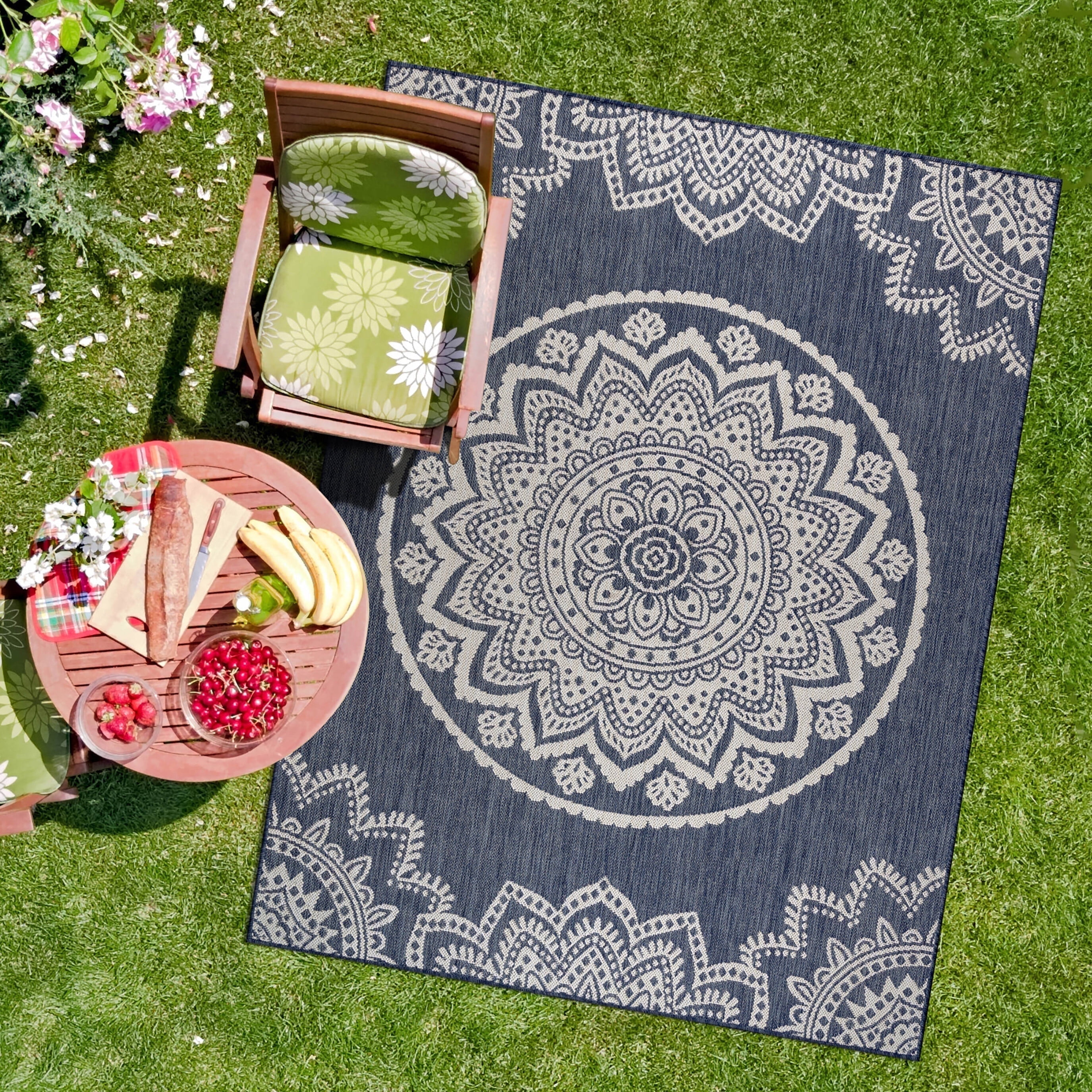 CAMILSON Indoor Outdoor Rug, 9' x 12' Blue Medallion Area Rugs