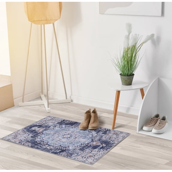 CAMILSON Machine Washable Rug, Distressed Vintage Area Rugs, Stain and Water Resistant, Traditional Bohemian Indoor Carpet (2x3, Navy Blue)