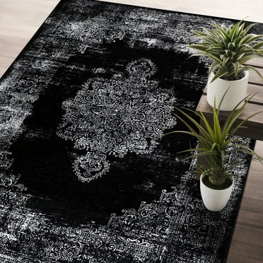 CAMILSON Machine Washable Rug Distressed Vintage Area Rugs Stain and Water Resistant Traditional Bohemian Indoor Carpet (5x7 2005-Black)