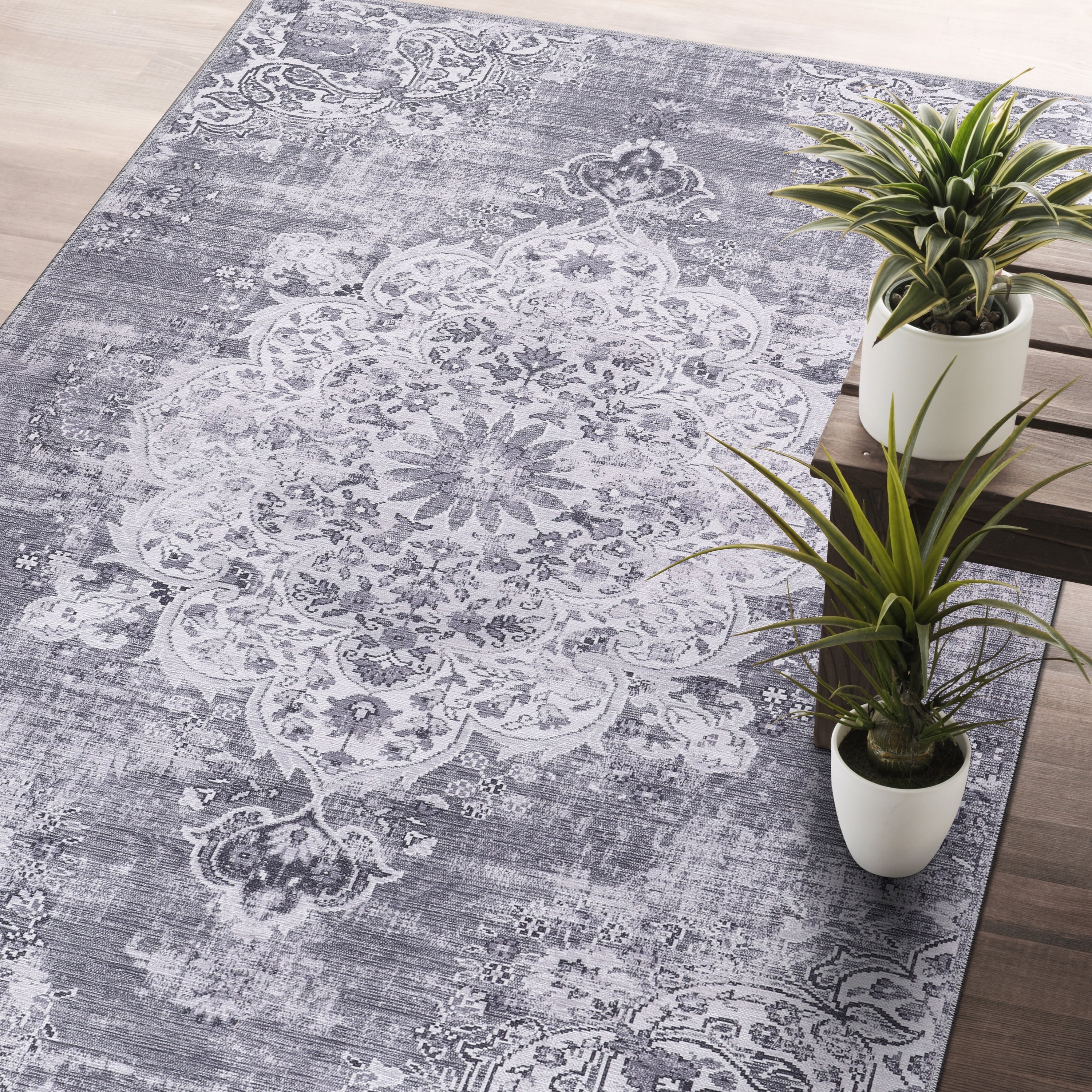 CAMILSON Machine Washable Rug, Distressed Vintage Area Rugs, Stain and Water Resistant, Traditional Bohemian Indoor Carpet (5x7, Grey)