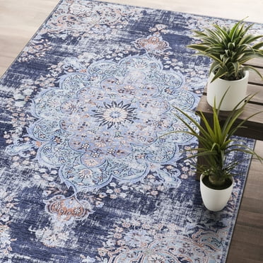 CAMILSON Machine Washable Rug, Distressed Vintage Area Rugs, Stain and Water Resistant, Traditional Bohemian Indoor Carpet (5x7, Navy Blue)