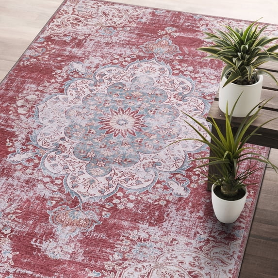 CAMILSON Machine Washable Rug, Distressed Vintage Area Rugs, Stain and Water Resistant, Traditional Bohemian Indoor Carpet (8x10, Rust Red)