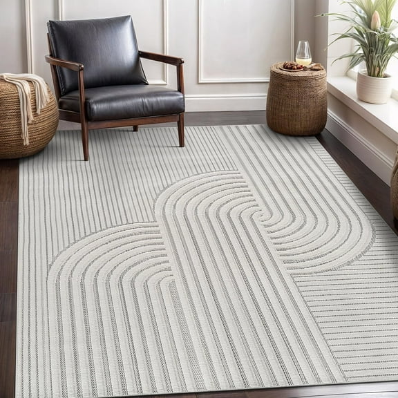 CAMILSON Micro Loop High-Low Pile Stain Resistant Indoor Area Rugs Swirls-White 6x9