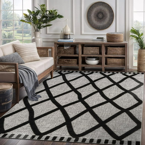 CAMILSON Micro Loop High-Low Pile Stain Resistant Indoor Area Rugs Trellis-Black 8x10