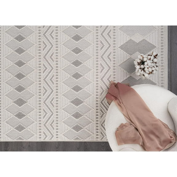 CAMILSON Modern Luxury Geometric Micro Loop Soft Stain Resistant Easy-Cleaning Non-Shedding Indoor Area Rug 4x6 White / Gray