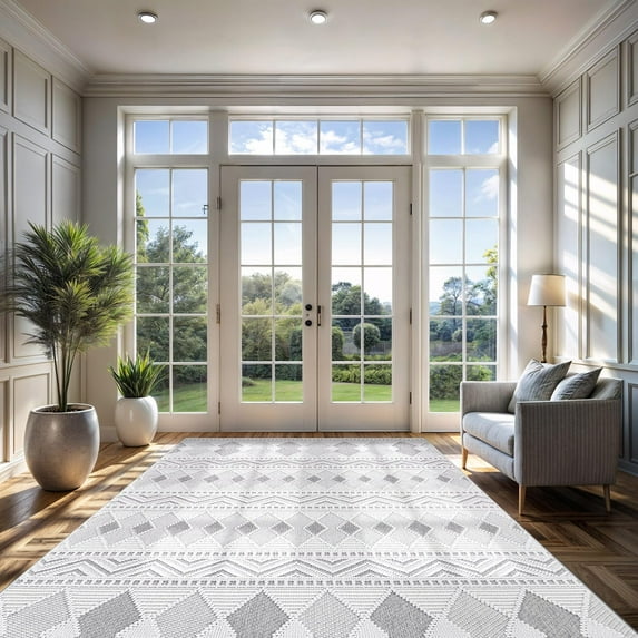 CAMILSON Modern Luxury Geometric Micro Loop Soft Stain Resistant Easy-Cleaning Non-Shedding Indoor Area Rug 8x10 White / Gray